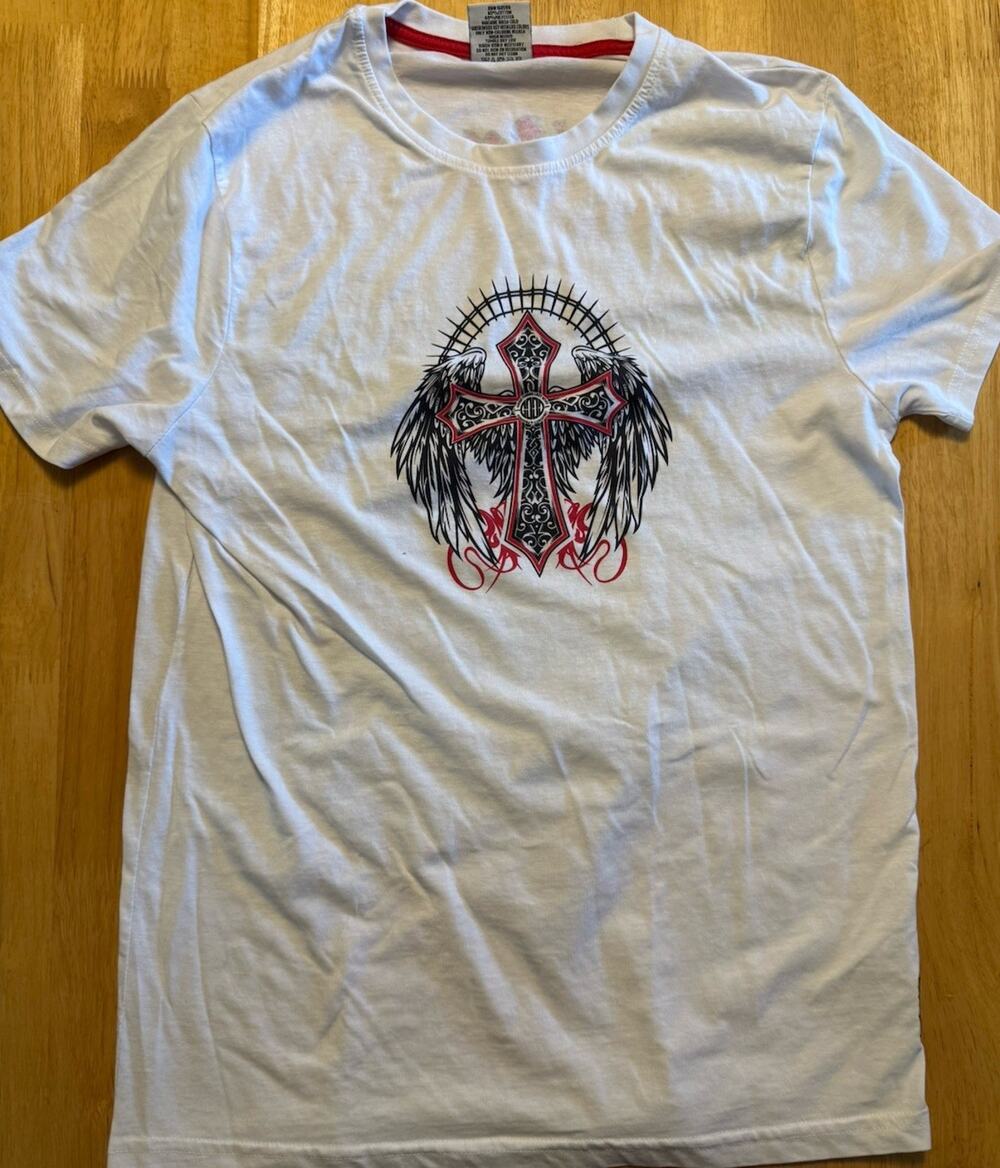 GT Good Things Take Time Shirt Mens M Cross Angel Wings Y2K Graphic Tee White